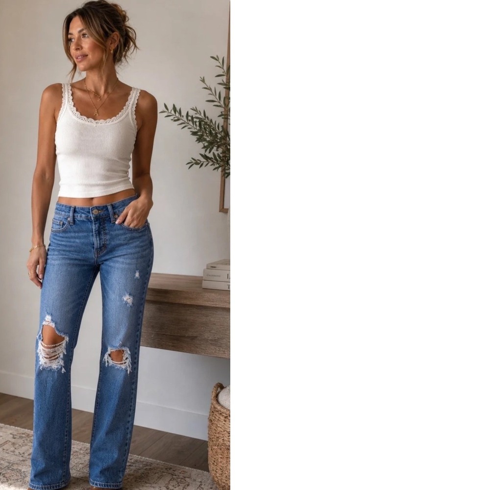 Old Navy Extra High-Rise Kicker Boot-Cut Distressed Jeans Blue‎ Size 4 Raw Hem